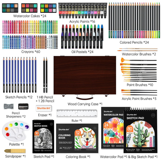 Shuttle Art 186 Piece Deluxe Art Set, Art Supplies in Wooden Case, Painting Drawing Art Kit with Acrylic Paint Pencils Oil Pastels Watercolour Cakes