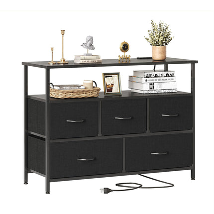 MUTUN Chest of Drawers with 5 Drawers, Black Bedroom Dresser with Charging Station and Shelf, Fabric Storage Drawers, TV Stand Unit, Storage Drawer
