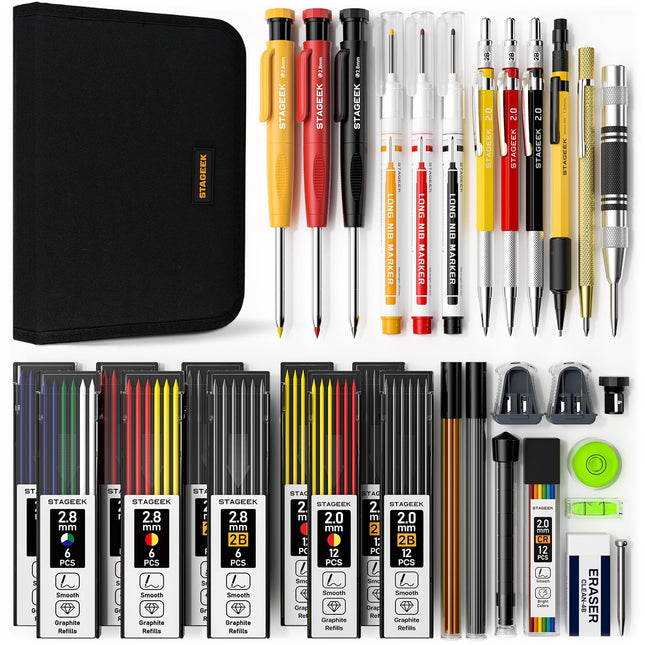 STAGEEK 34 Pack Carpenter Pencil Set with Sharpener, Mechanical Carpenter Pencils with Deep Hole Long-Nib Marker Pens, Carbide Scribe Tool &