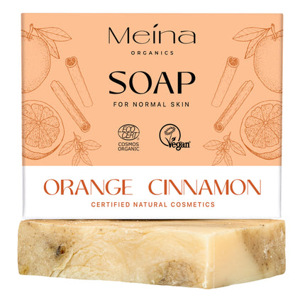 Meina Organic Soap Bar with Orange and Cinnamon, 100% Natural Certified, Without Palm Oil, Face and Body, Vegan, Plastic Free, Perfect for Travel and