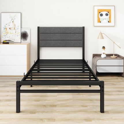 MOFLUT Single Bed Frame with Storage and Upholstered Headboard, Heavy Duty Platform Single Bed Frames with Metal Slat Support, No Box Spring Needed