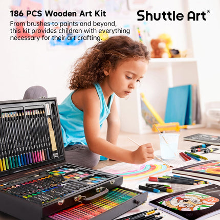 Shuttle Art 186 Piece Deluxe Art Set, Art Supplies in Wooden Case, Painting Drawing Art Kit with Acrylic Paint Pencils Oil Pastels Watercolour Cakes