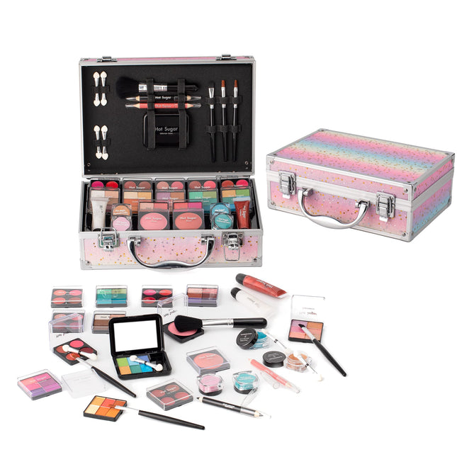 Hot Sugar Girls Makeup Set, Complete Starter Cosmetics Kit with Eye Shadow, Lip Balm, Blush, Lip Gloss, Brushes, Eye Pencils and Mirror (Rainbow)