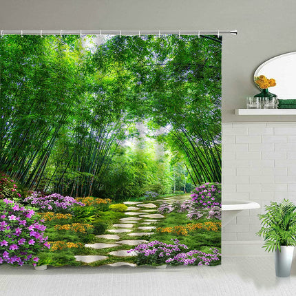 JIANGLANY 3D Outdoor Asian Style Garden View Curtain Shower Curtain Green Bamboo Wood with Flowers and Stone Bath Garden Picture Bathroom Decor Fabric