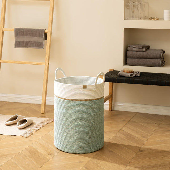 LA JOLIE MUSE Woven Basket Rope Storage Baskets - Tall Cotton Basket, Laundry Basket for Blanket, Kids Toy, Nursery Clothes Hamper Basket, Ivy Green,