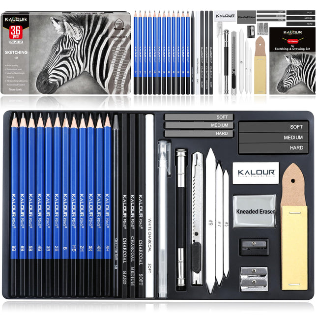 KALOUR PDAS Drawing Sketching Pencil Set,36 Pro Art Pencil Kit,12 Graphite Pencils (8B-5H),Black & White Charcoal Pencils,Charcoal Sticks, Stumps,
