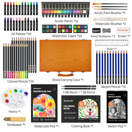 Shuttle Art 118 Piece Deluxe Art Set, Art Supplies in Wooden Case, Painting Drawing Art Kit with Acrylic Paint Pencils Oil Pastels Watercolour Cakes
