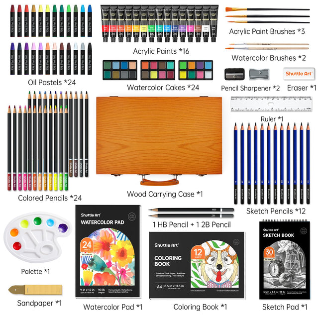 Shuttle Art 118 Piece Deluxe Art Set, Art Supplies in Wooden Case, Painting Drawing Art Kit with Acrylic Paint Pencils Oil Pastels Watercolour Cakes