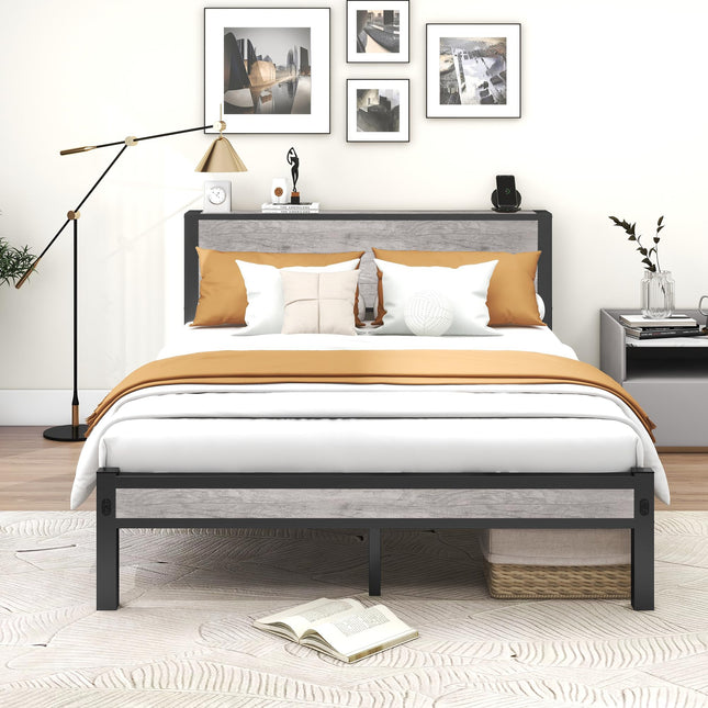 DUMEE King Size Bed Frame with Storage Wooden Headboard, Metal Bed Frame Kingsize Bed Base/Mattress Foundation, Enhanced Support Noise Free, Textured