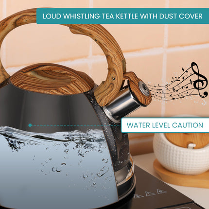 Belle Vous Black Whistling Tea Kettle - 3L Tea Pot for Stovetop/Induction Stove Top - Stainless Steel Hot Water Camping Kettle Teapot for Tea/Coffee