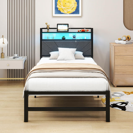 VERFARM 3ft Single Size Bed Frame with LED Lights Storage Upholstered Headboard and Charging Station, Heavy Duty Metal Platform Single Bed Frame, No
