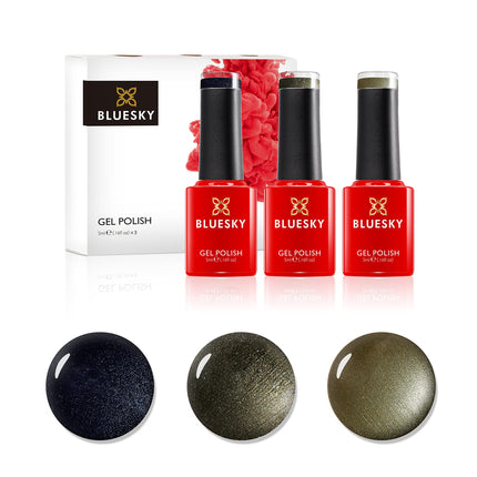 Bluesky Gel Nail Polishes, Gunmetals, Overtly Onyx 80540, Steel Gaze 80560, Gravel A029, 3 x 5ml, Grey, Silver, Black (Requires Curing Under UV/LED