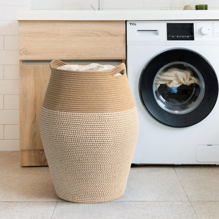 Laundry Hamper Tall Woven Cotton Rope Laundry Basket Dirty Clothes Hamper Kids Curve Laundry Basket Large in Bathroom Laundry Room for Dirty Clothes