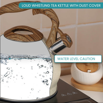 Belle Vous Beige Texture Whistling Tea Kettle - 3L Tea Pot for Stovetop/Induction Hob - Stainless Steel Hot Water Camping Kettle Teapot for Tea/Coffee