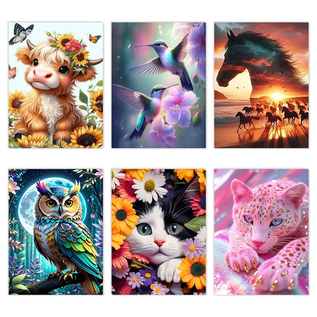 6 Pack Animal Diamond Art Kits for Adults,Animals Diamond Painting Kits for Adult Beginners,5D Round Drill Crystal Gem Art Painting Crafts for Home