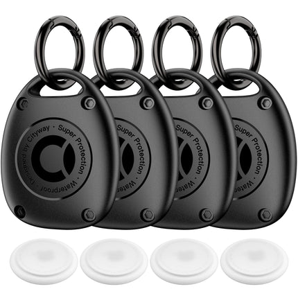 (4 Pack) AirTag Keychain Holder Case | IPX8 Waterproof, Ultra-Compact | Portable Air Tag Holder Cover for Dog Collar, Backpack, Keys, Luggage - Black