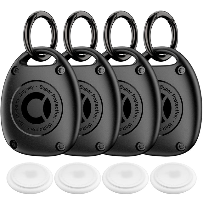 (4 Pack) AirTag Keychain Holder Case | IPX8 Waterproof, Ultra-Compact | Portable Air Tag Holder Cover for Dog Collar, Backpack, Keys, Luggage - Black
