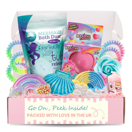 Hug in a Box Pamper Gift for Teenage Girls with Mermaid Bath Dust, Rainbow Bath Bomb, Squishy Toys, Lip Balm, Spiral Hair Ties, Claw Clip, and Blue