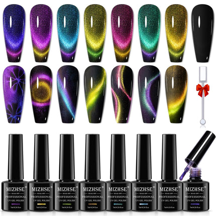 MIZHSE Cat Eye Gel Nail Polish Set with Magnetic Stick 8 Colours Magnetic Nail Polish Gel Chameleon 9D Cateye Gel Polish Varnish UV Lamp Manicure Home