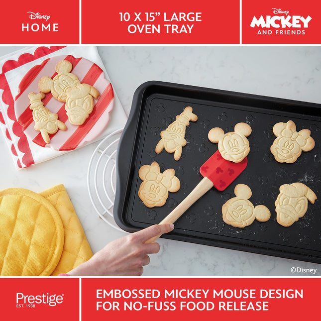 Prestige New Disney Bake with Mickey Mouse Bakeware Set with Non Stick Oven Tray 10" x 15", Cookie Cutter Set of 4 and Silicone Rolling Pin 45cm, Red"
