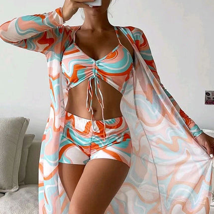 3pcs Pring Bikini With Long Sleeve Cardigan Fashion Summer Beach Swimsuit Women