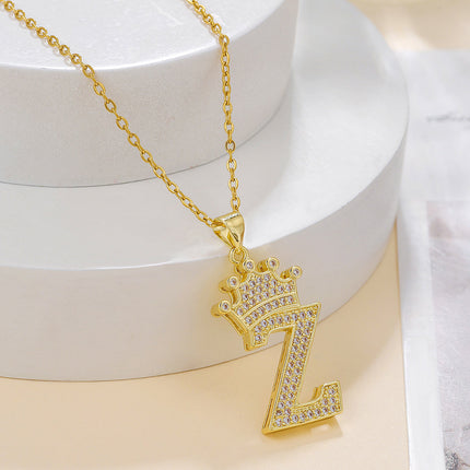 1PCS Fashionable Gold Diamond Crown Uppercase Letter Popular Pendant Necklace Suitable For Daily Use Festivals Parties Gifts Jewelry Set
