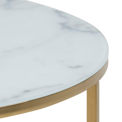 Alisma Round Coffee Table with White Crystal Clear Marble Glass Top & Gold Legs