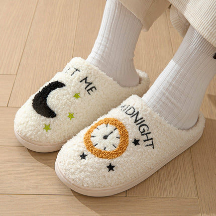 Cosy Moon & Clock Print Slippers - Plush Memory Foam House Shoes for Women | Anti-Slip Winter Warmth