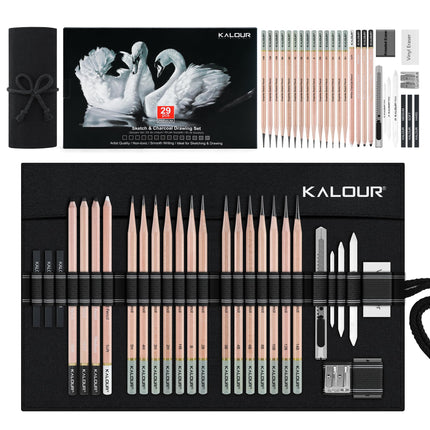 KALOUR 29 Pro Sketching Drawing Pencils Set with Roll-Up Nylon Case ? 14 Graphite Pencils (14B?5H), Charcoal Pencils, Erasers, Sharpener & Stumps ?