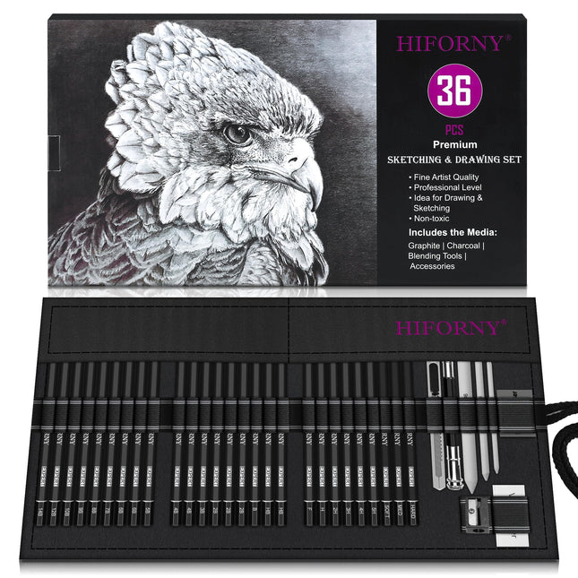 HIFORNY 36 PCS Sketching Drawing Pencil Set,Sketch Pencils Art Supplies with Graphite,Charcoal,Blending Tools,Accessories,Drawing Kit for Adults
