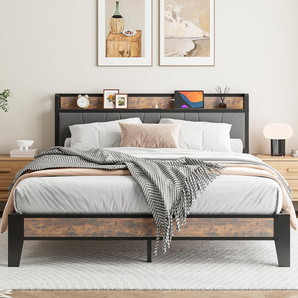 IRONCK King Size Bed Frame with Storage Shelf Upholstered Headboard, Platform Bed Frame with Charging Station, Metal Bed Frame/UnderBed Storage,
