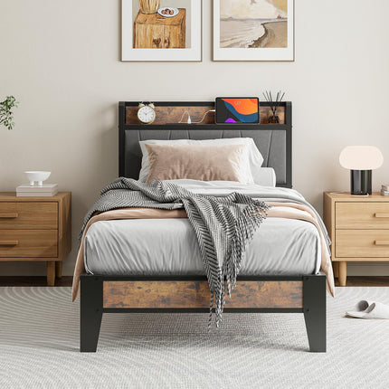 IRONCK Single Bed Frame with Storage Shelf Upholstered Headboard, Platform Bed Frame with Charging Station, Metal Bed Frame/UnderBed Storage, Enhanced