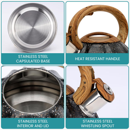 Belle Vous Black Whistling Tea Kettle - 3L Tea Pot for Stovetop/Induction Stove Top - Stainless Steel Hot Water Camping Kettle Teapot for Tea/Coffee