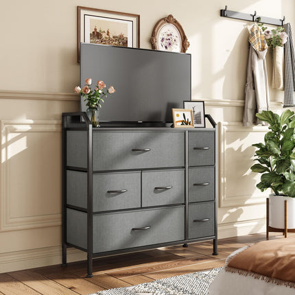 CAIYUN Chest of Drawers, Storage Organizer Unit with 7 Fabric Drawers, Storage Drawers Closet for Bedroom, Living Room, Wooden Top & Metal Frame,