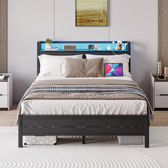 BORPHOM King Size Bed Frame with Storage Shelf Wooden Headboard,LED Lights,5ft Metal Bed Frames Kingsize Bed with Charging Station,Mattress