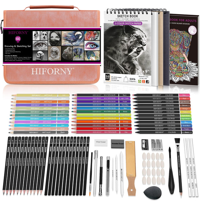 HIFORNY 100 PCS Drawing & Sketching Set, Professional Art Supplies with Graphite,Charcoal, Colored,Watercolor,Metallic Pencils,Blending