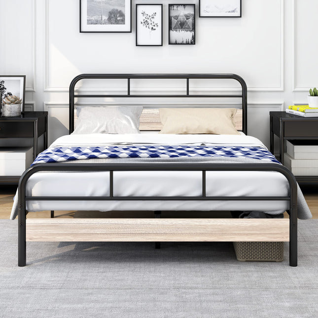 Diahomy King Bed Frame with Wooden Headboard,Metal Platform Bed Frames/No Box Spring Needed/Reinforced Steel Slat Mattress Foundation/Black+