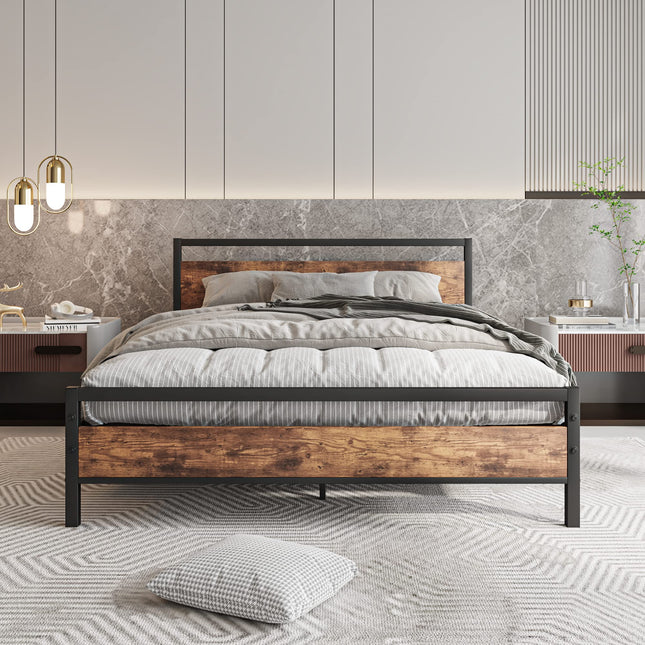 HOJINLINERO King Size Bed Frame with Wooden Headboard,Metal Platform Bed Frame King Size Mattress Base,Metal Slat Support and Underbed Storage