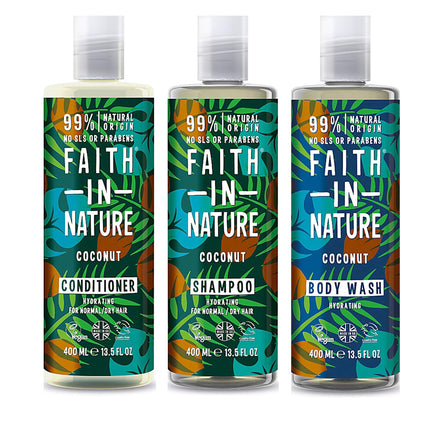 Faith In Nature Coconut Shampoo, Conditioner and Body Wash Trio | Vegan | Cruelty Free | 99% Natural Fragrance | Free From SLS or Parabens