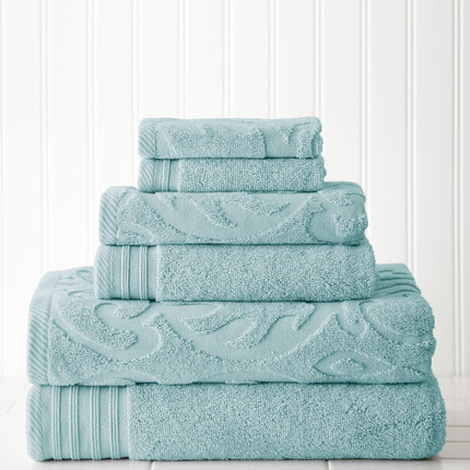 Amrapur Modern Threads 6-Piece, 2 Bath Towels, 2 Hand Towels, 2 Washcloths, Medallion Jacquard/Solid Ultra Soft 550GSM 100% Combed Cotton Towel Set