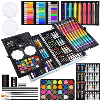 Halobios Professional Art Set, 144 Deluxe Aluminium Case Painting Set with Watercolour Pens Drawing Pencils Paints Oil Pastels, Premium Colouring