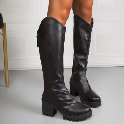 Thick High-heel Knee-high Boots V-neck Black Boots