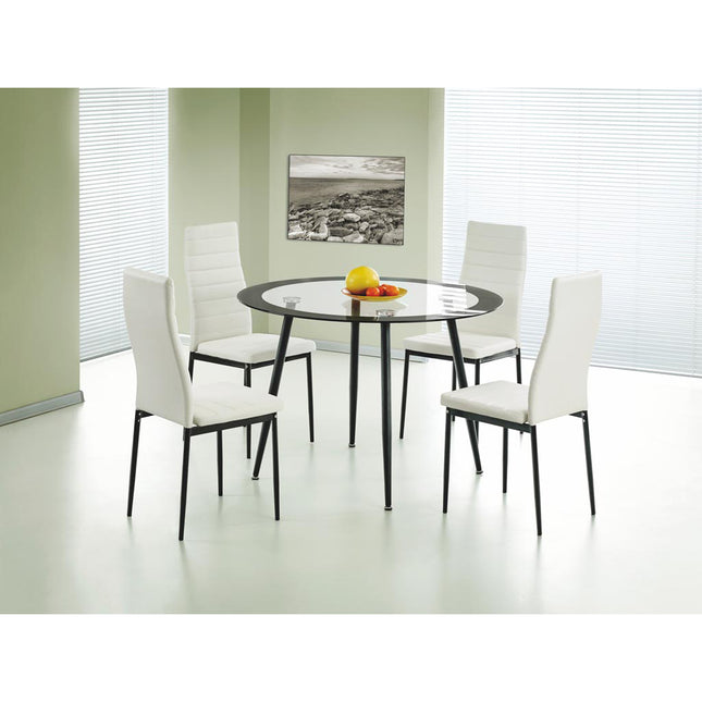 Acodia Dining Table Clear Glass & Black Including 4 Matching Acodia PU Chairs with White PU & Black Frame (4s)