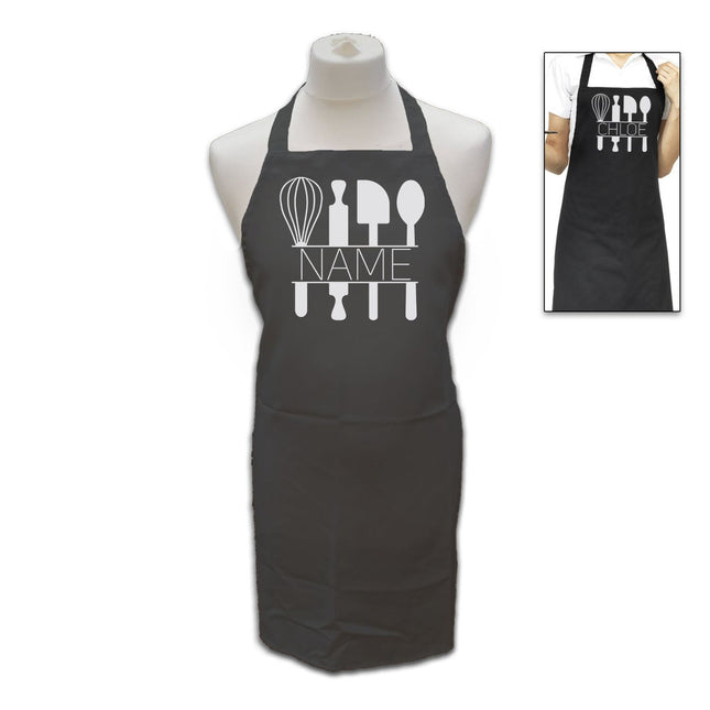 Personalised Black Apron with Name and Baking Utensils