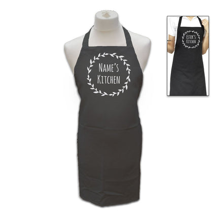 Personalised Black Apron with Name's Kitchen Wreath