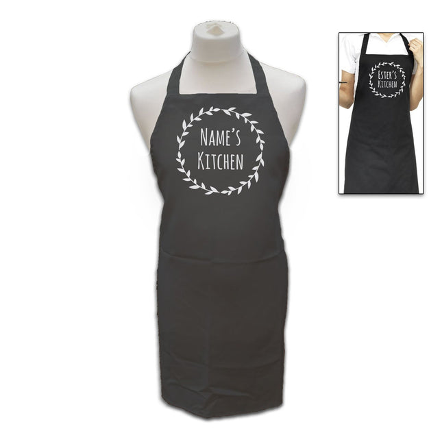 Personalised Black Apron with Name's Kitchen Wreath