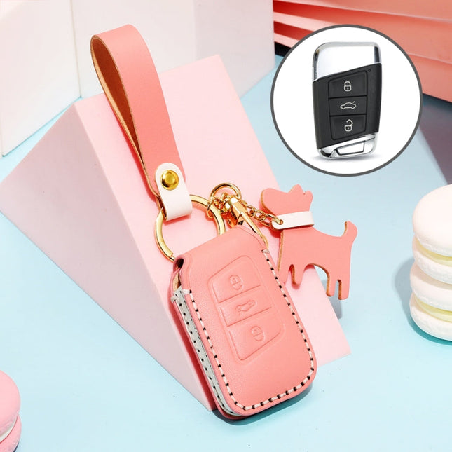 Hallmo Car Female Style Cowhide Leather Key Protective Cover for Volkswagen, A Type(Pink)
