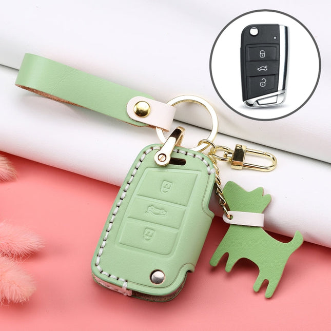 Hallmo Car Female Style Cowhide Leather Key Protective Cover for Volkswagen, B Type Folding(Grass Green)