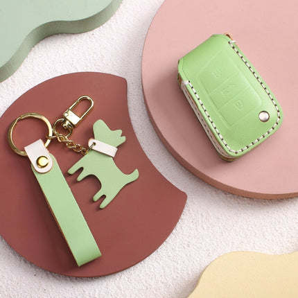 Hallmo Car Female Style Cowhide Leather Key Protective Cover for Volkswagen, B Type Folding(Grass Green)