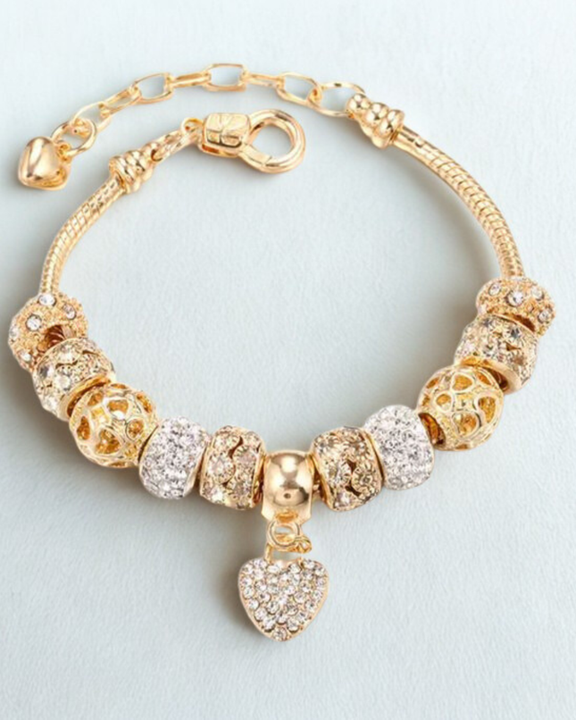 Sparkly Gold-Tone European Charm Bracelet with Pavé Crystal Beads & Heart Dangle Charm